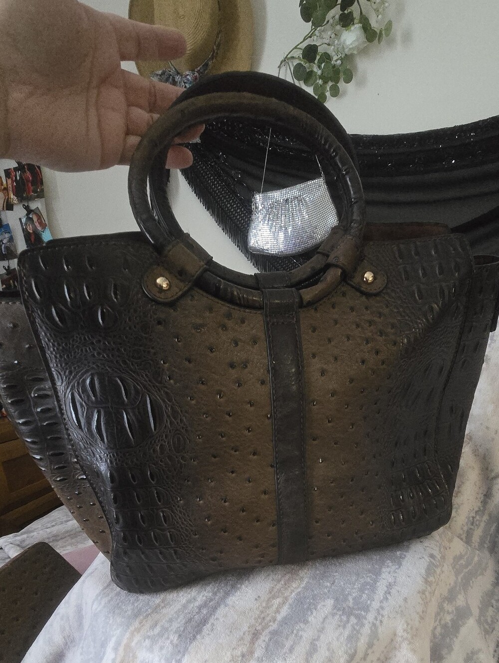 Brown Ostrich Embossed Tote Bag Matching Wallet Croc Texture Satchel - Picture 9 of 13